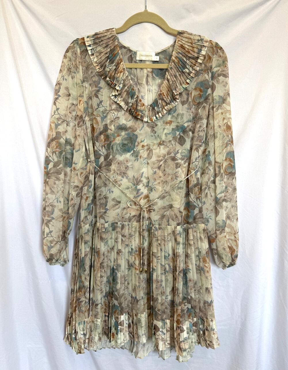 Zimmermann Beige Blue Floral Pleat Ruffle Mini Dress, Size 1, US 6